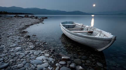 Moonlit boat on water serene night scene for stock use