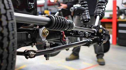 Fototapeta premium Close up of a black vehicle chassis with suspension and a person standing in the background