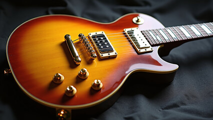 Sunburst electric guitar rests on dark surface.