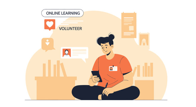 Man Using App With Volunteer Icons For Online Learning And Communication