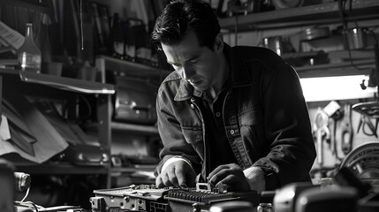 Man intently repairing electronic device in cluttered workshop in black and white photography