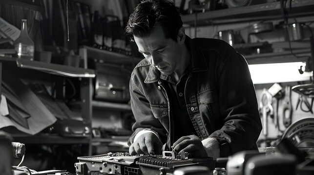 Man intently repairing electronic device in cluttered workshop in black and white photography