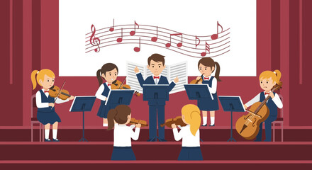 Youthful Ensemble Delivers Melodic Performance On Stage During Evening Orchestral