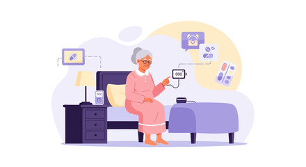 Senior Woman Utilizing Smart Home Technology For Medication Reminder In Bedroom