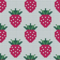 Strawberry on white knitted seamless pattern for socks or sweatshirt design. Vector illustration.