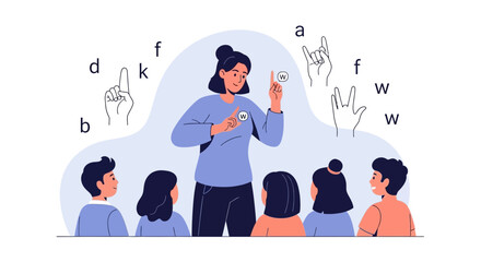 Sign Language Class With Teacher Explaining To Students Communication Method