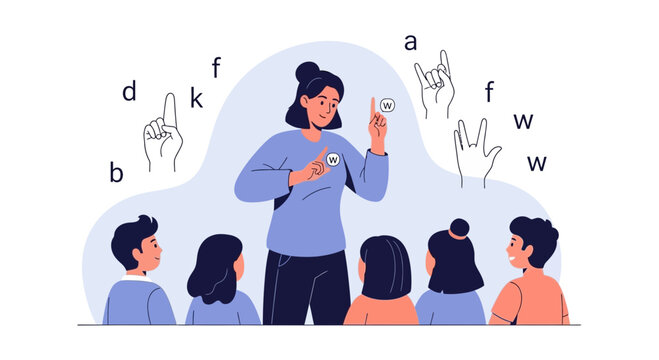 Sign Language Class With Teacher Explaining To Students Communication Method