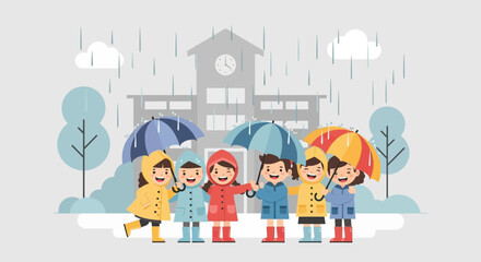 Happy Children In Rainy Weather Walking With Umbrellas At School