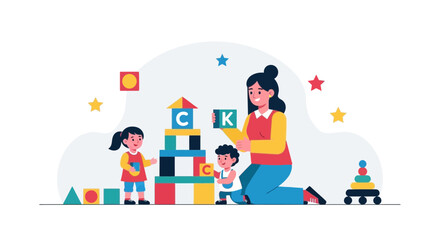 Fototapeta premium Happy Children Playing With Colorful Blocks With An Adult Assistance At Daycare