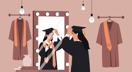 Preparing For Graduation Ceremony Graduate Admires Herself In Mirror On Achievement Day