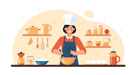Happy Woman Chef Baking At Home Mixing Ingredients For Delicious Cake