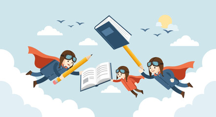 Fototapeta premium Heroes Of Education Flying Through Sky With Pencils And Book To Success Destination