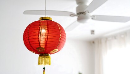 Obraz premium Red lantern hangs from ceiling near white fan