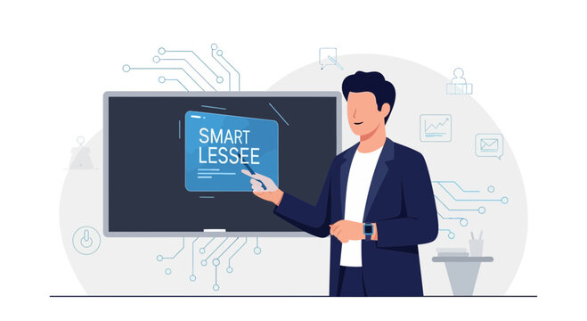Presenter Explaining Smart Lease Software on a Touchscreen With Futuristic Technology