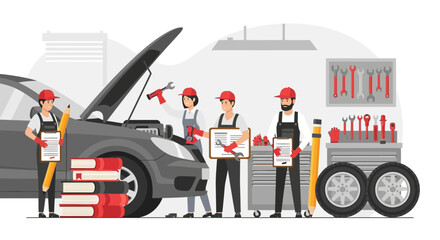 Professional Auto Mechanics Team Inspecting Car For Repair Service In Garage