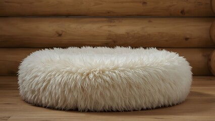 Comfortable fluffy white pet bed resting on a wooden floor against a log wall