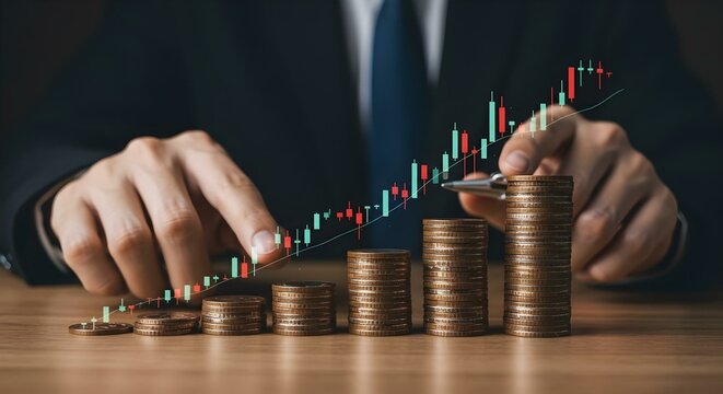 "Financial Investment Growth: Hand Interacting with a Glowing Stock Market Chart Overlaying Ascending Coin Stacks, Symbolizing Wealth Accumulation and Trading Success."