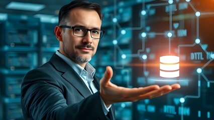 "Data Management Solutions: Confident Businessman Presenting a Holographic Database Icon Amidst a Connected Digital Network, Symbolizing Cloud Computing and IT Infrastructure."