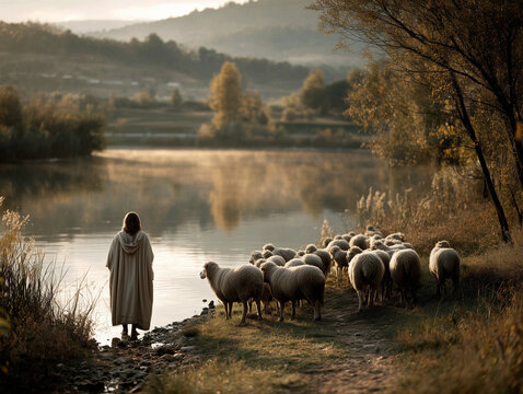 A serene, symbolic representation shows a shepherd, possibly representing Jesus, tending his flock of sheep by a peaceful lake, against a backdrop of mountains.