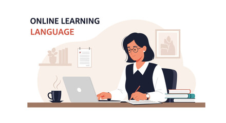 Student Focused On Language Studies During An Online Lesson Learning Course