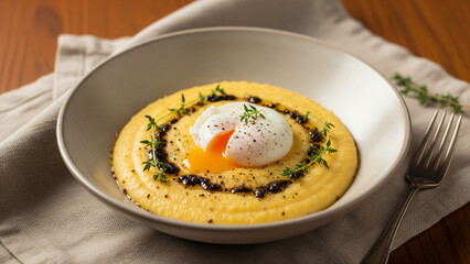 Savory Polenta with Poached Egg: A beautifully plated dish featuring creamy polenta crowned with a perfectly poached egg, garnished with fresh herbs and a drizzle of olive oil.