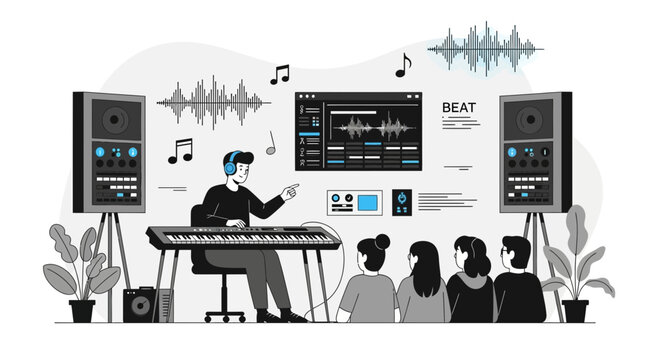 Music Production Workshop With Synthesizer And Electronic Sound Engineering Concepts