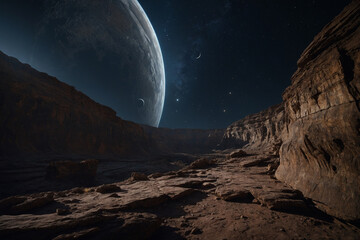 A wide ledge of broken cliff terrain juts over a deep ravine while a dark space sky above glows with rings and moons in orbital patterns, the image is created in high-resolution realism