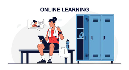 Student Using Tablet During Online Learning In The Locker Room After Exercise
