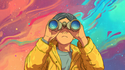 little boy playing with a telescope with a colorful background