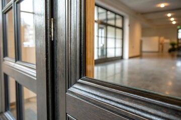 Elegant Dark Wood Window Frame with Glass Panels, Modern Interior Design Detail, Architectural Element, Close-up View
