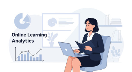 Woman Using Laptop For Online Education And Business Data Analysis Presentation