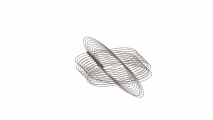 An abstract geometric design with overlapping elliptical lines forming a symmetrical 3D pattern on a white background.