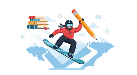 Fototapeta premium Inspiring Winter Learning With Snowboarder Holding A Pencil And Stack Of Books