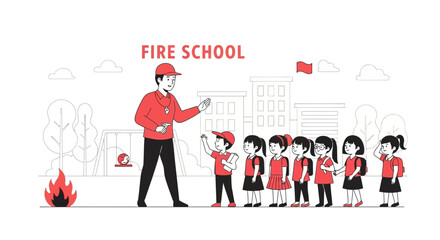 Instructor Explaining Fire Safety To School Children During An Emergency Drill