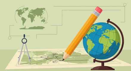 World Exploration With Globe Pencil and Map Educational Journey