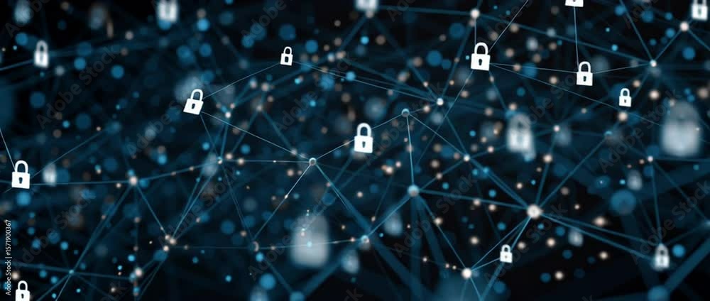 Poster illustration of interconnected nodes with padlock icons, representing the network security and data 