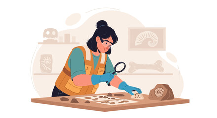 Naklejka premium Young Archaeologist Examining Fossil Specimens With Magnifying Glass In Laboratory