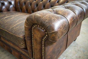 Obraz premium Luxurious Vintage Brown Leather Chesterfield Sofa with Distressed Finish and Nailhead Trim, Perfect for a Classic Interior Design