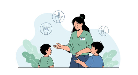 Teacher Explaining American Sign Language Hand Gestures To Elementary Students
