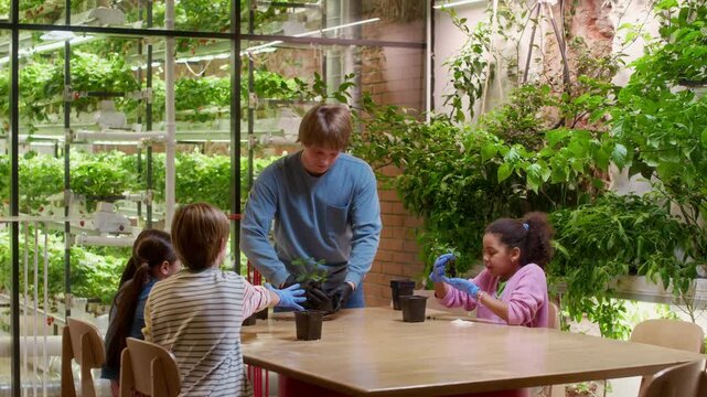 Young teacher of botany or farmer in gloves passing green seedlings to group of intercultural schoolchildren sitting by table and learning to replant strawberry