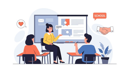 Teacher Giving Lesson To Students In Classroom With Digital Whiteboard