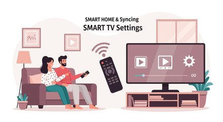 Fototapeta premium Relaxed Couple Enjoying Smart Home Entertainment System On Comfortable Sofa