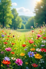 Obraz premium Vibrant wildflowers bloom in a sun-drenched meadow, creating a breathtaking natural tapestry of color and texture Perfect for illustrating spring, summer, or nature themes , purple, stem, daisy