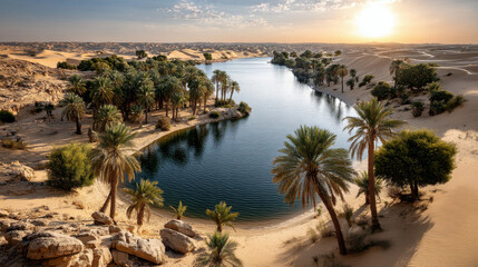 Serene oasis at sunset with lush palm trees and reflective water amidst vast desert landscape