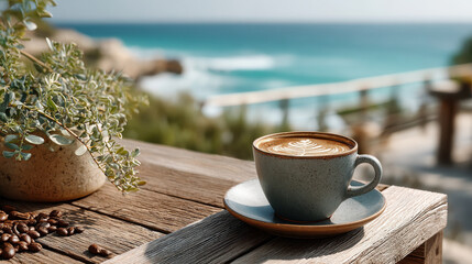 Ceramic cup of cappuccino with latte art on wooden table overlooking ocean