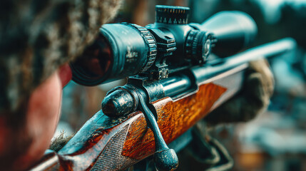 Close-up of hunter aiming through rifle scope in winter gear with detailed wooden stock and precision optics