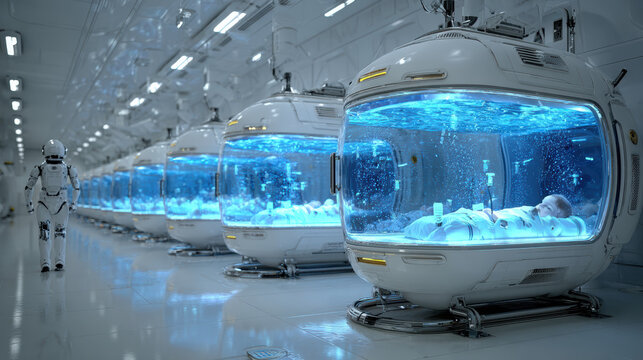 Futuristic laboratory with cryogenic pods featuring cloned babies and robotic guardians