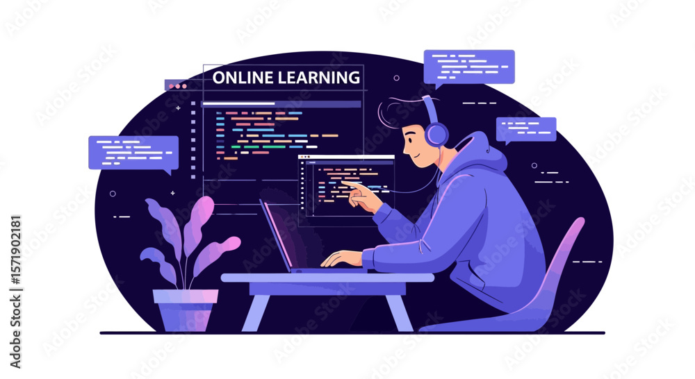 Wall mural young man studying online with laptop and programming code background