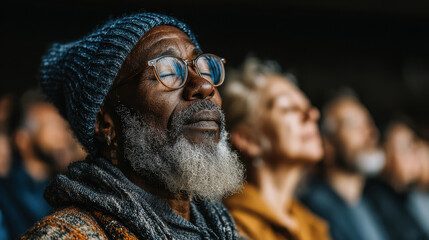 Elderly black man with glasses and knit hat in peaceful contemplation, people doing group meditation during spiritual practice, harmony concept