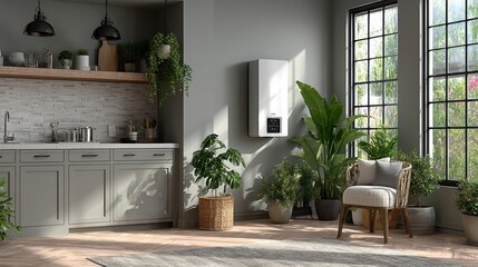 Contemporary kitchen with modern boiler and indoor plants for eco-friendly home design